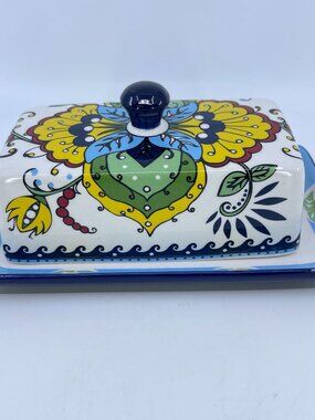 hand painted ceramic butter dish with floral motif & lid bohemian style